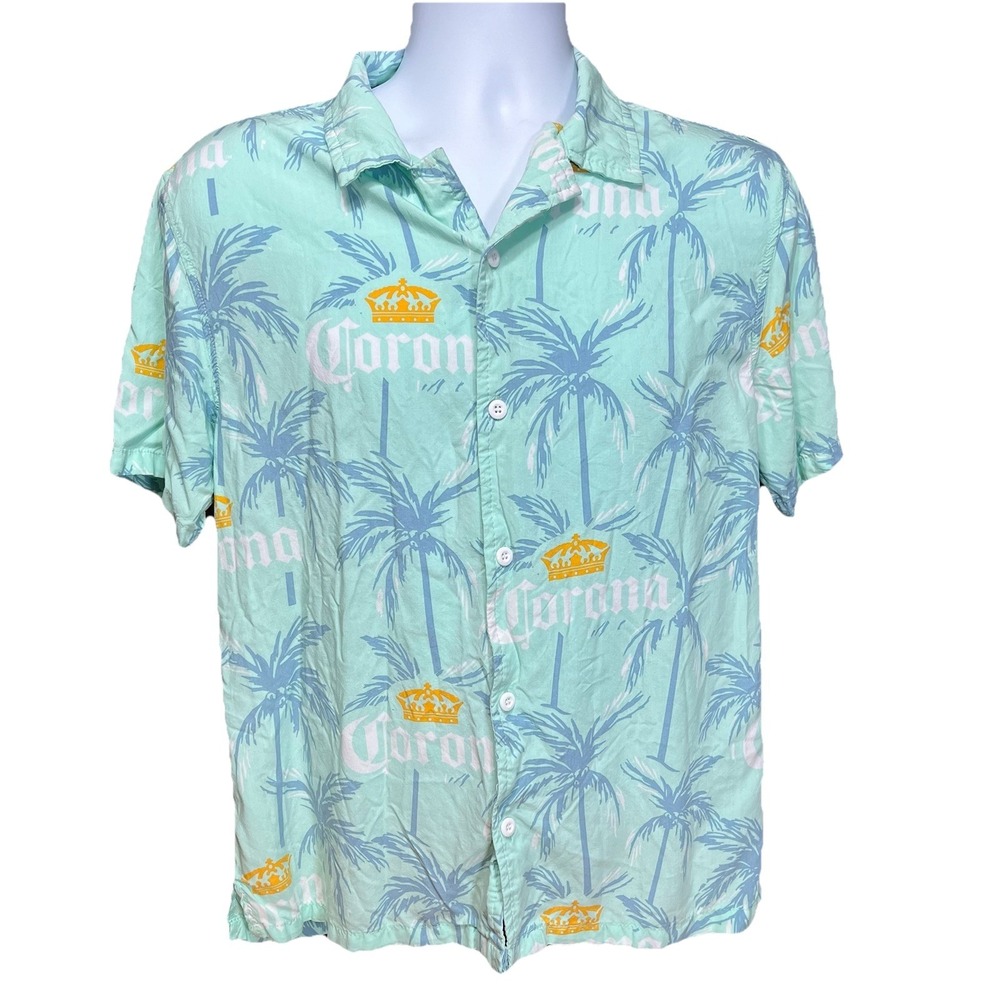 Corona Beer Men's Button Down Aloha Hawaiian Shirt  Small‎ Palm Trees Beach